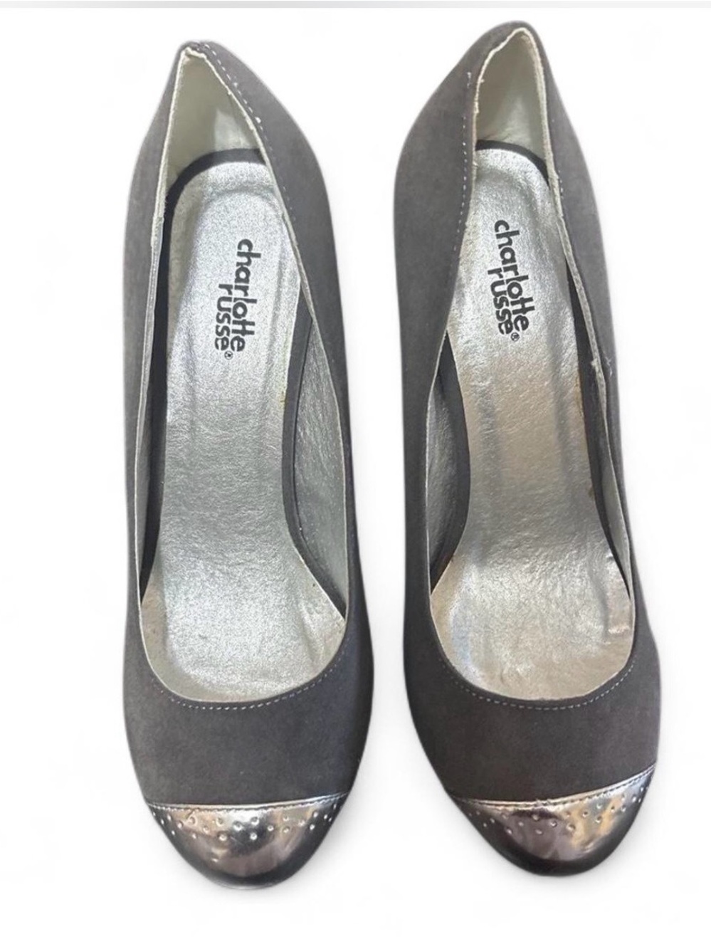 Charlotte Russe Mulholland Pumps Charcoal Suede Silver Cap Toe Size 9